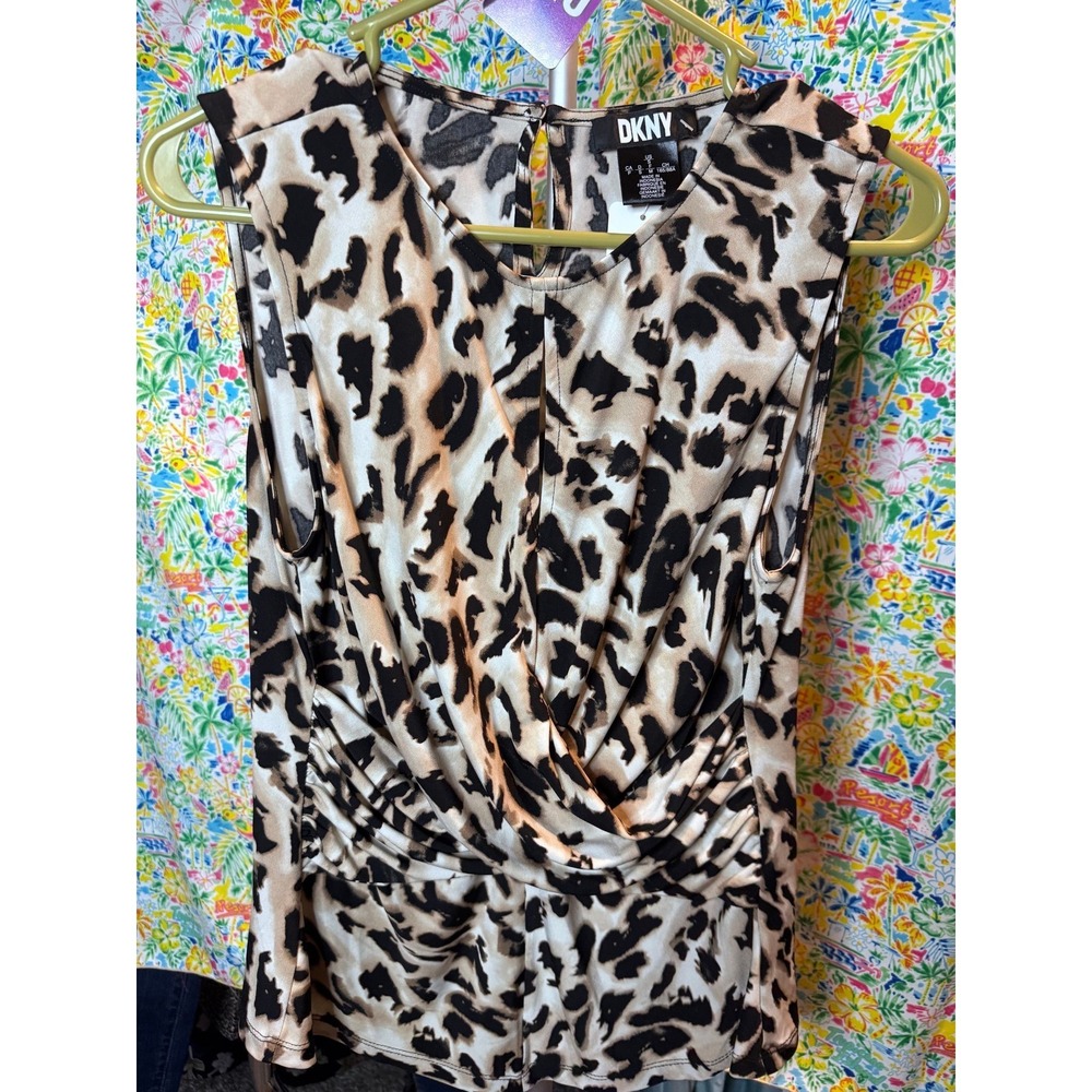 025 DKNY Womens‎ Leopard Print Draped Ruched Sleeveless Top Tan Black Small